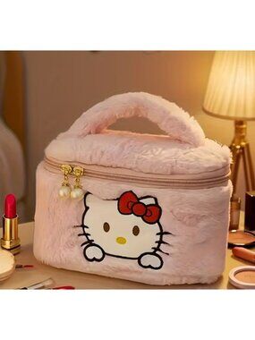 Hello Kitty Plush Makeup Bag Large Cosmetic Case Pink Embroidered Travel Pouch